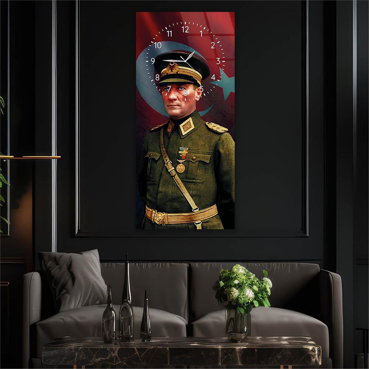 Vertical National Themed Glass Wall Art with Clock at the Top 003