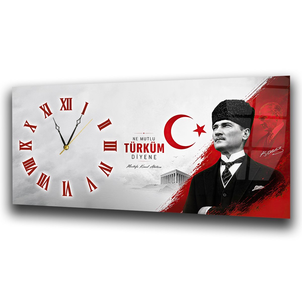 Yatay Saatli Yandan Vatan Temalı Cam Tablo 013