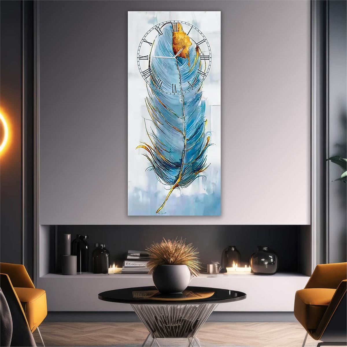Tableau en verre à thème art et nature vertical avec horloge en haut 073