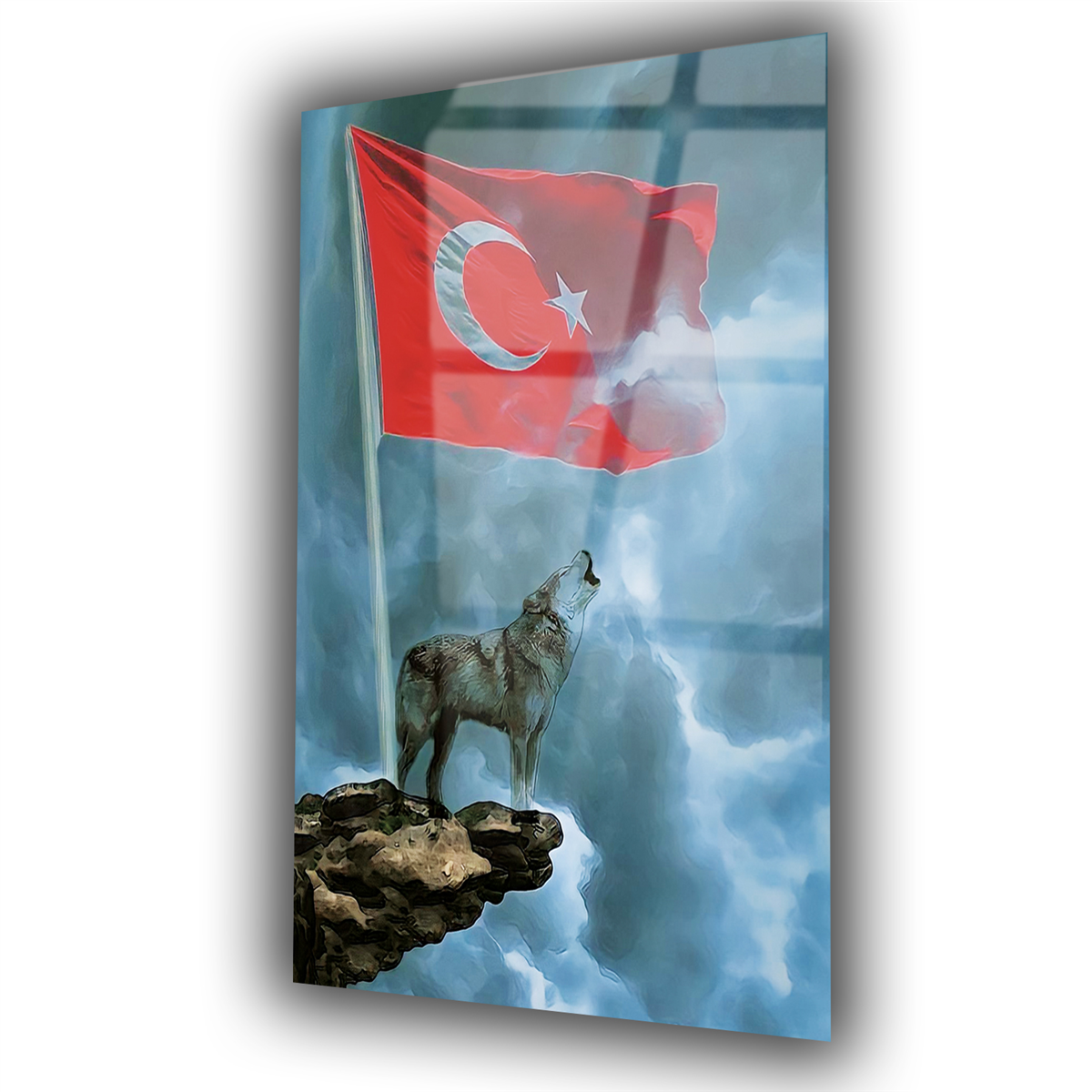 TÜRK BAYRAĞI VE KURT GÖRSELLİ CAM TABLO 