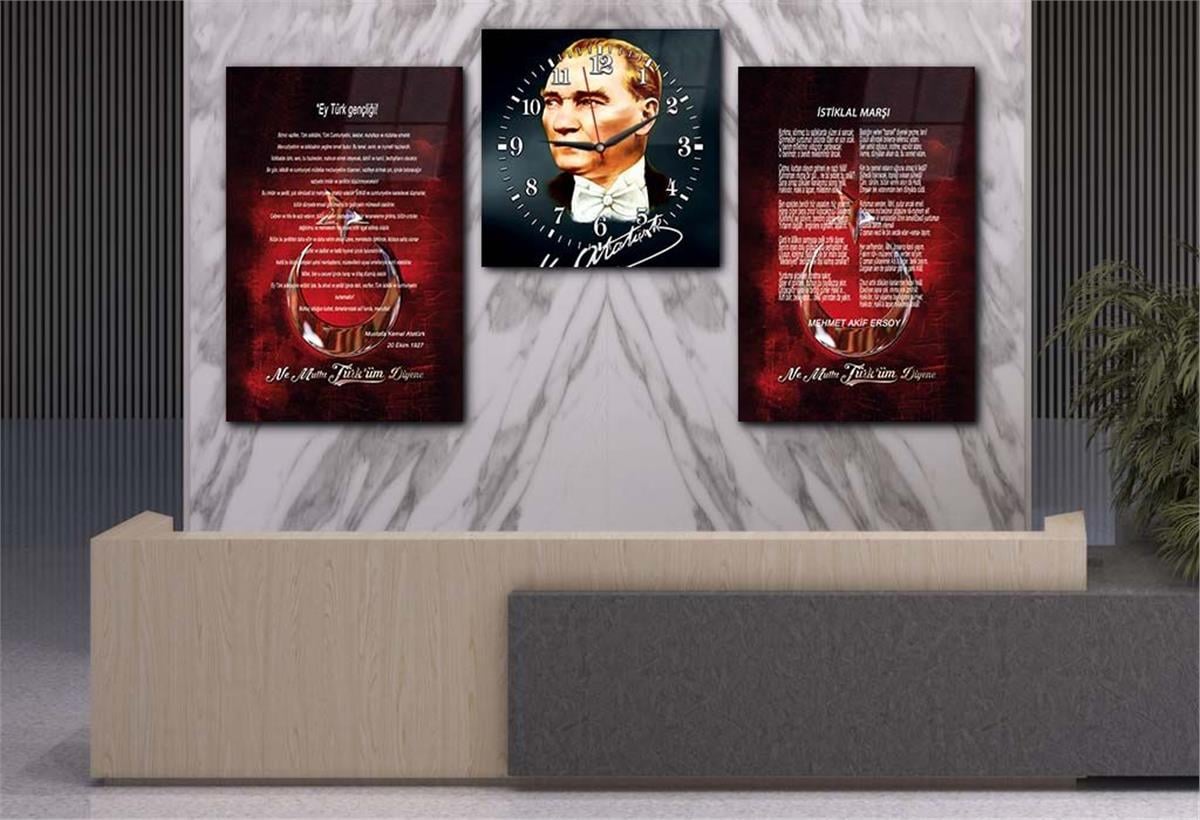 Atatürk, Independence March, and Youth Address Glass Wall Art Set with Clock