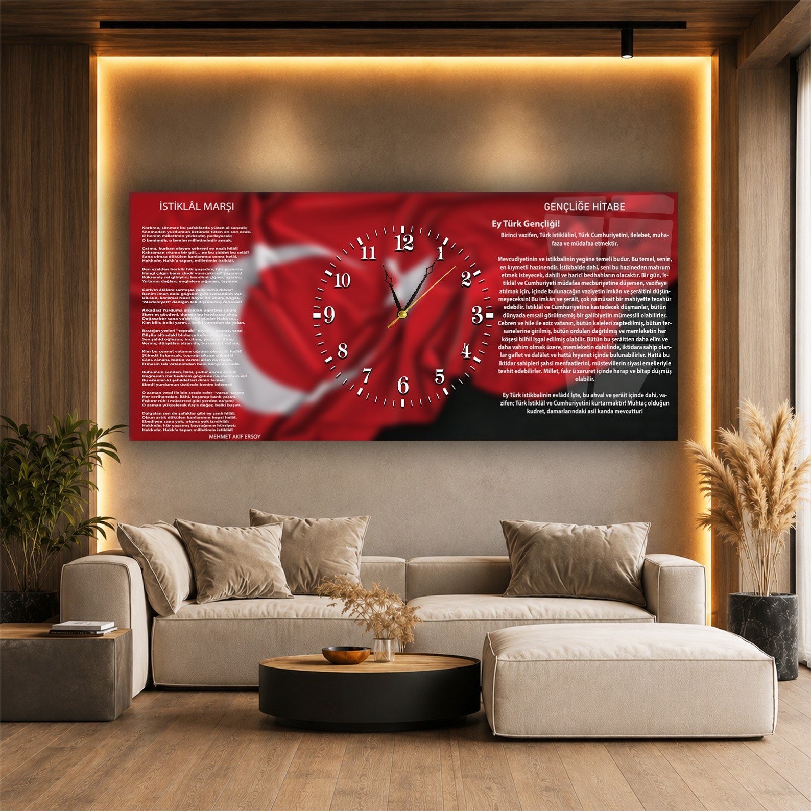 Yatay Ortadan Saatli  Vatan Temalı Cam Tablo 003