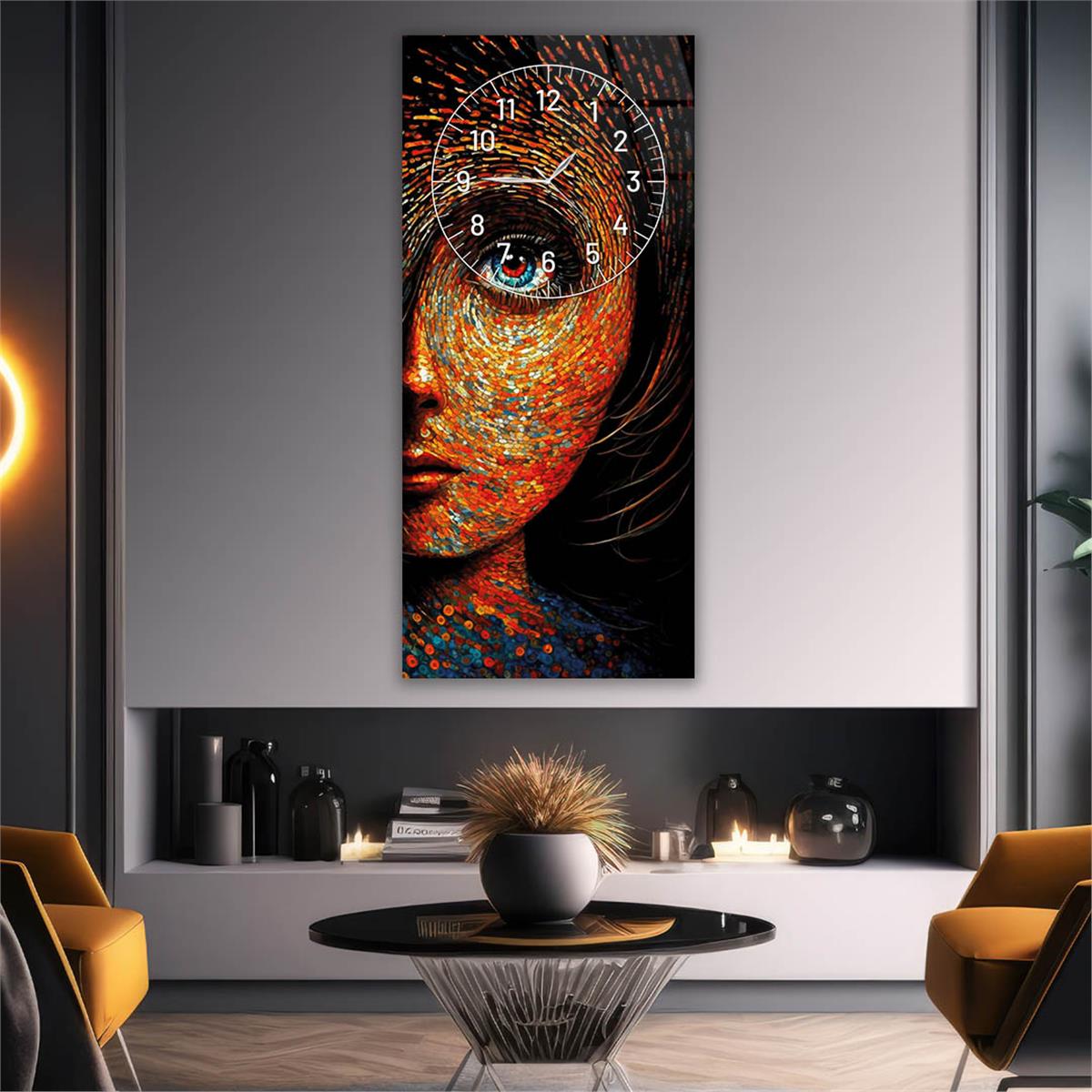 Vertical Art Themed Glass Wall Art with Clock at the Top 012
