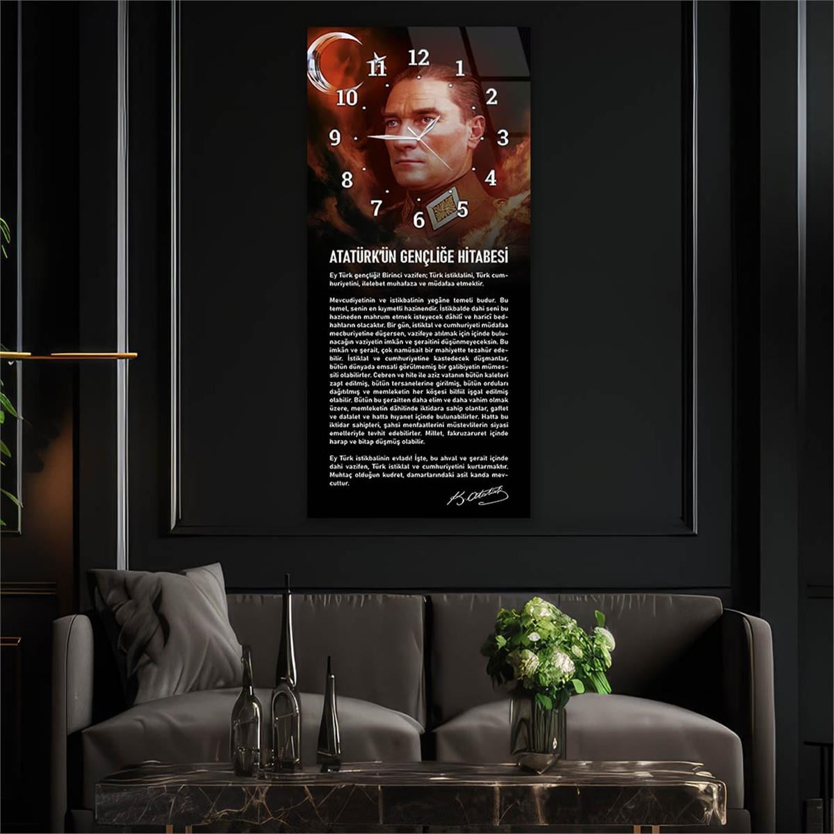 Vertical National Themed Glass Wall Art with Clock at the Top 024