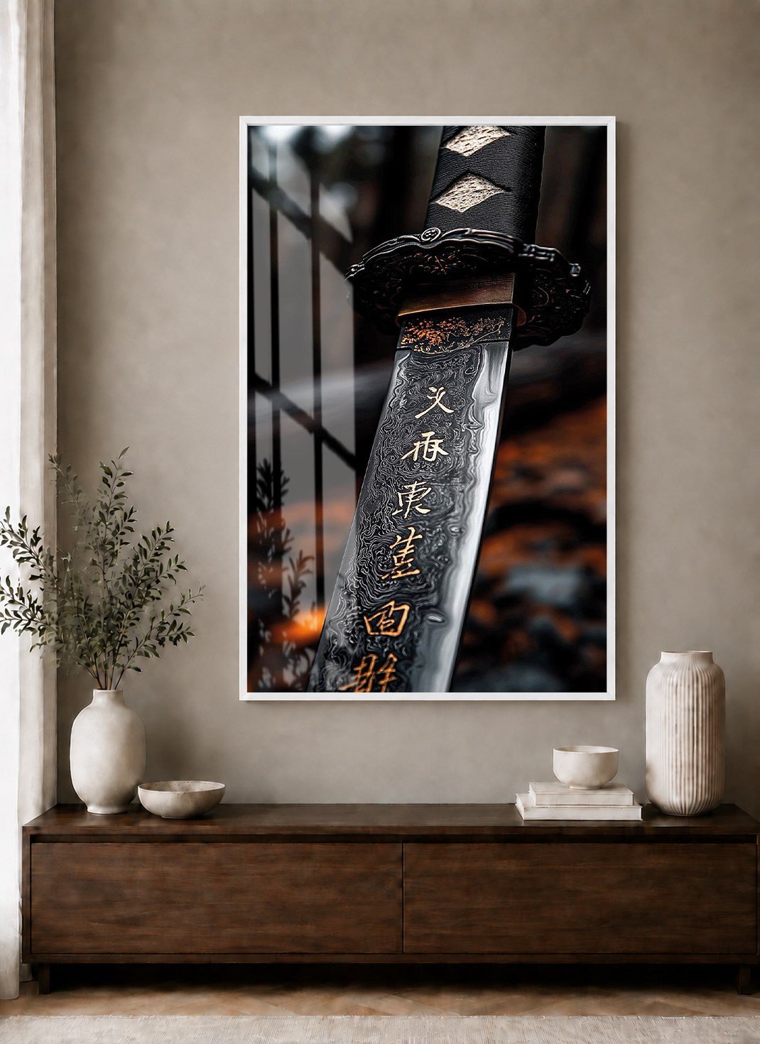 Japon Katana Kılıcı Alüminyum Çerçeveli Dekoratif Cam Duvar Tablosu