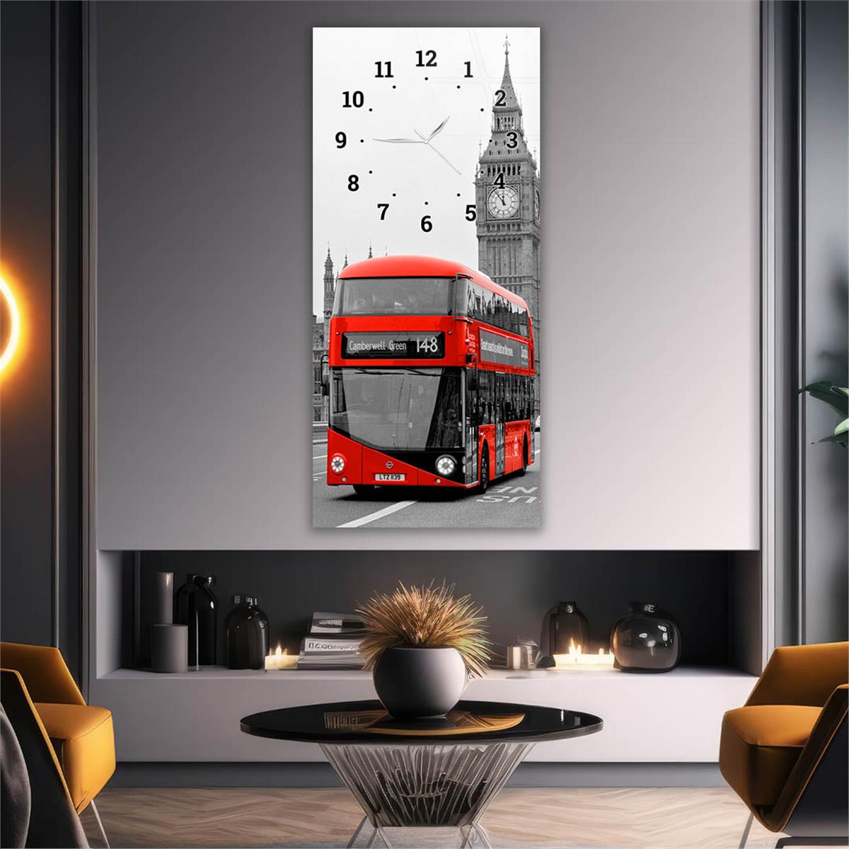 Dikey Üstten Saatli Sanat Temalı Cam Tablo 034