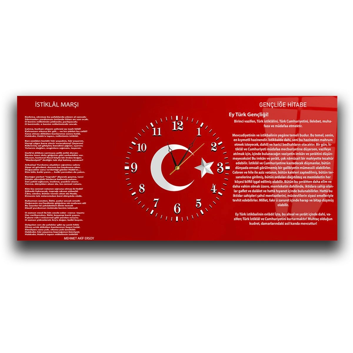 İstiklal Marşı ve Gençliğe Hitabe Yatay Ortadan Saatli  Vatan Temalı Cam Tablo 001