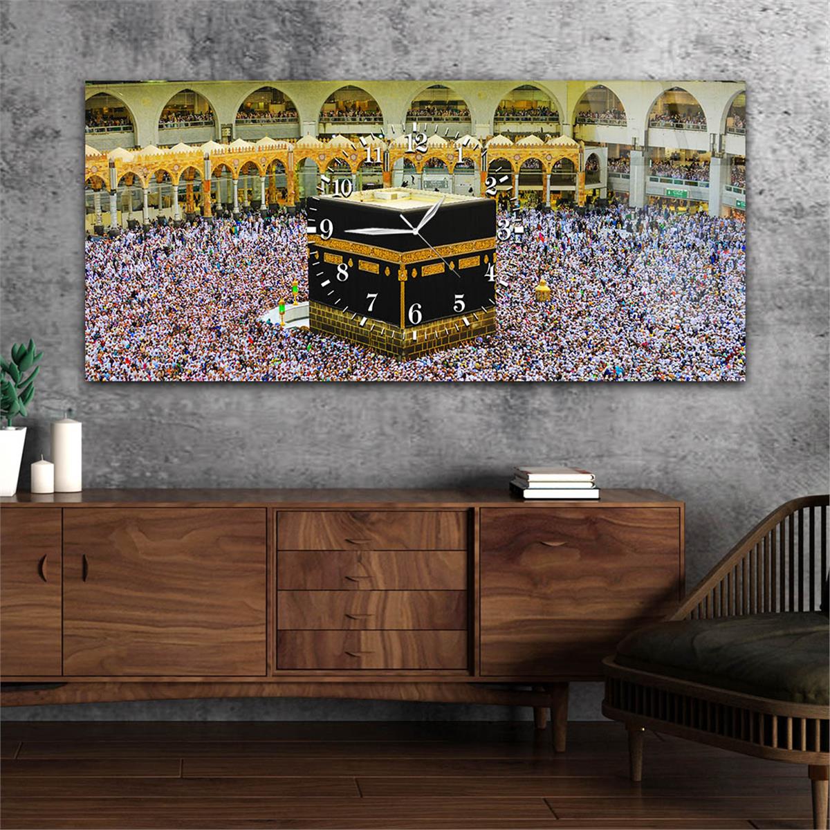 Yatay Ortadan Saatli  Dini Temalı Cam Tablo 017