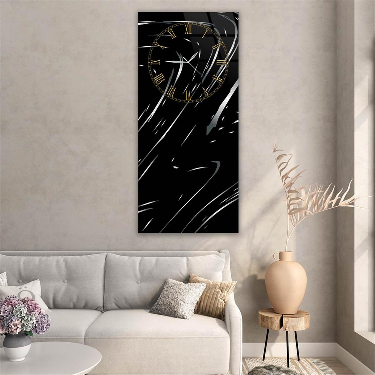 Tableau en verre à thème art et nature vertical avec horloge en haut 070