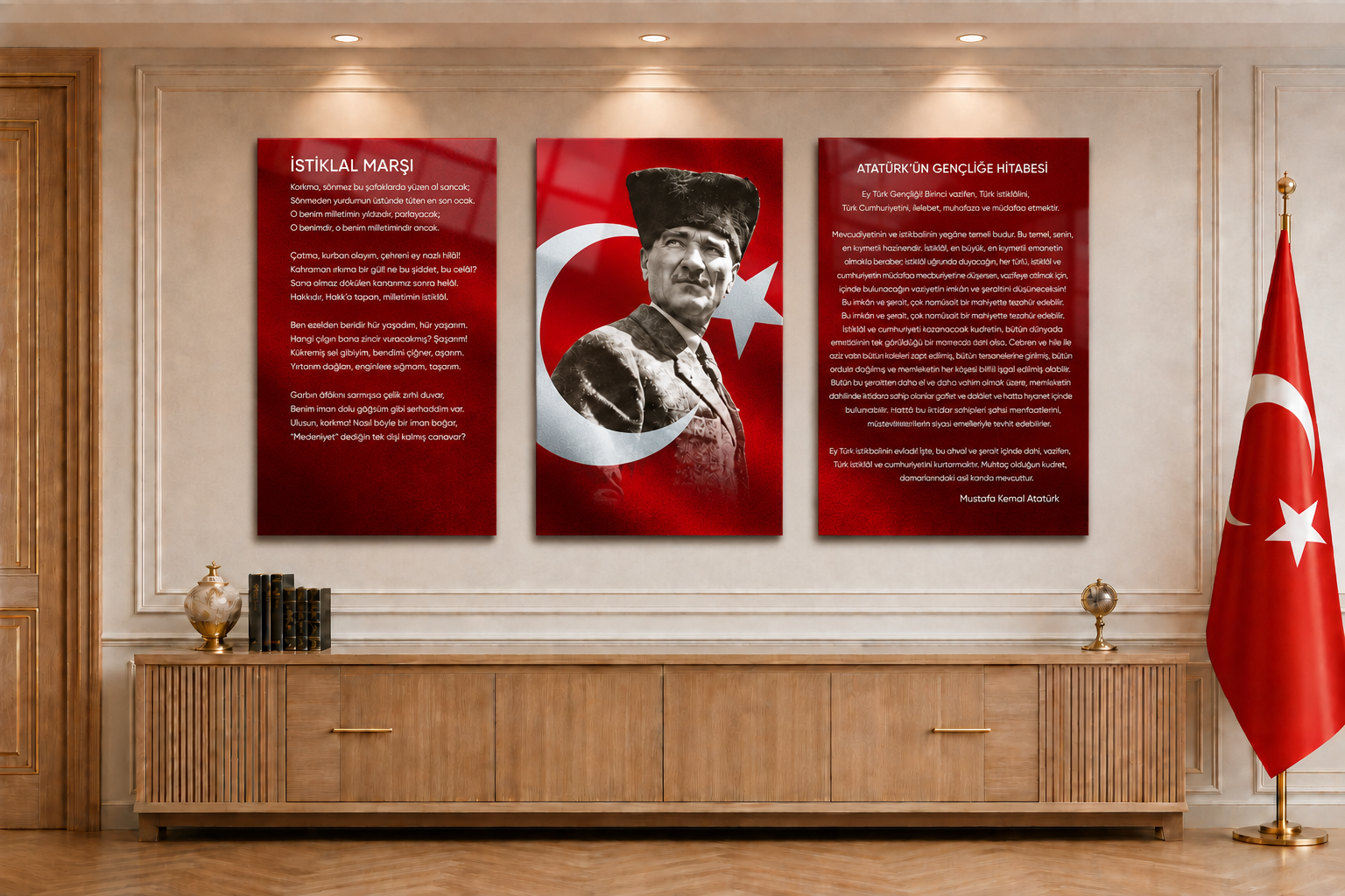 Atatürk,Het Turkse Volkslied en Oproep aan de jeugd Glasschilderijset
