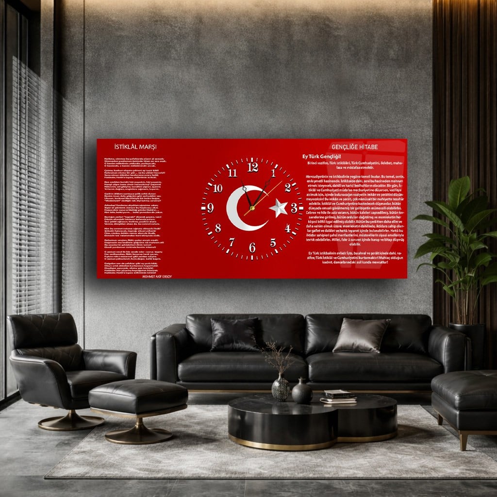 İstiklal Marşı ve Gençliğe Hitabe Yatay Ortadan Saatli  Vatan Temalı Cam Tablo 001