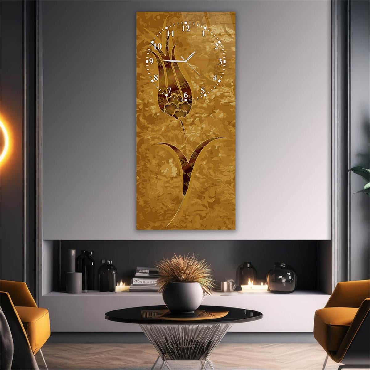 Vertical Art Themed Glass Wall Art with Clock at the Top 048