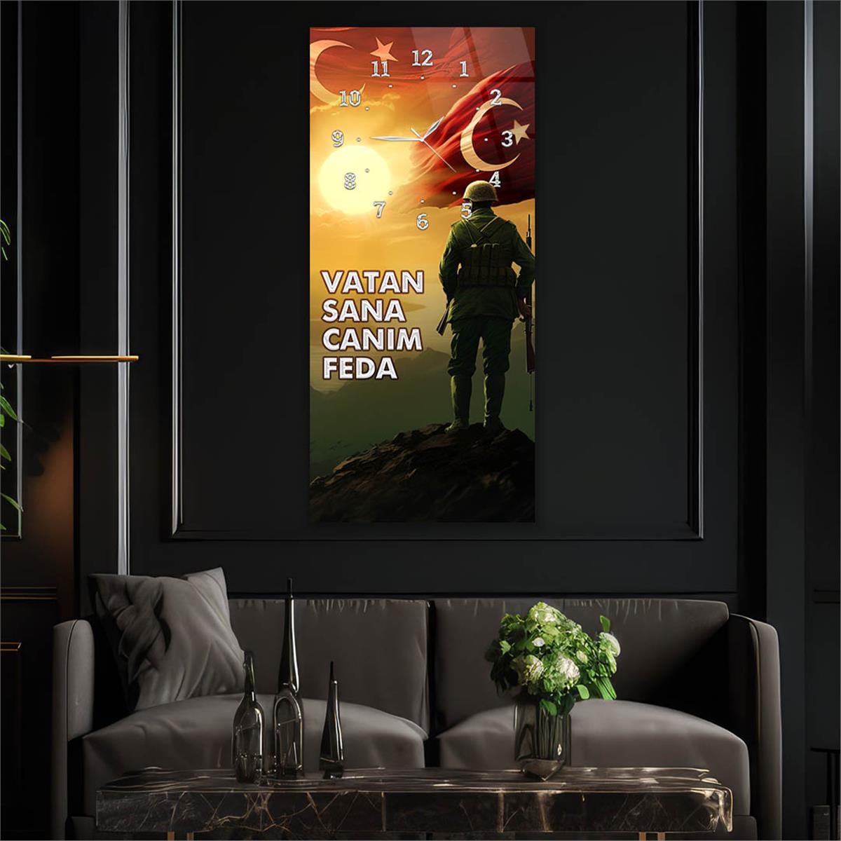Vertical National Themed Glass Wall Art with Clock at the Top 048