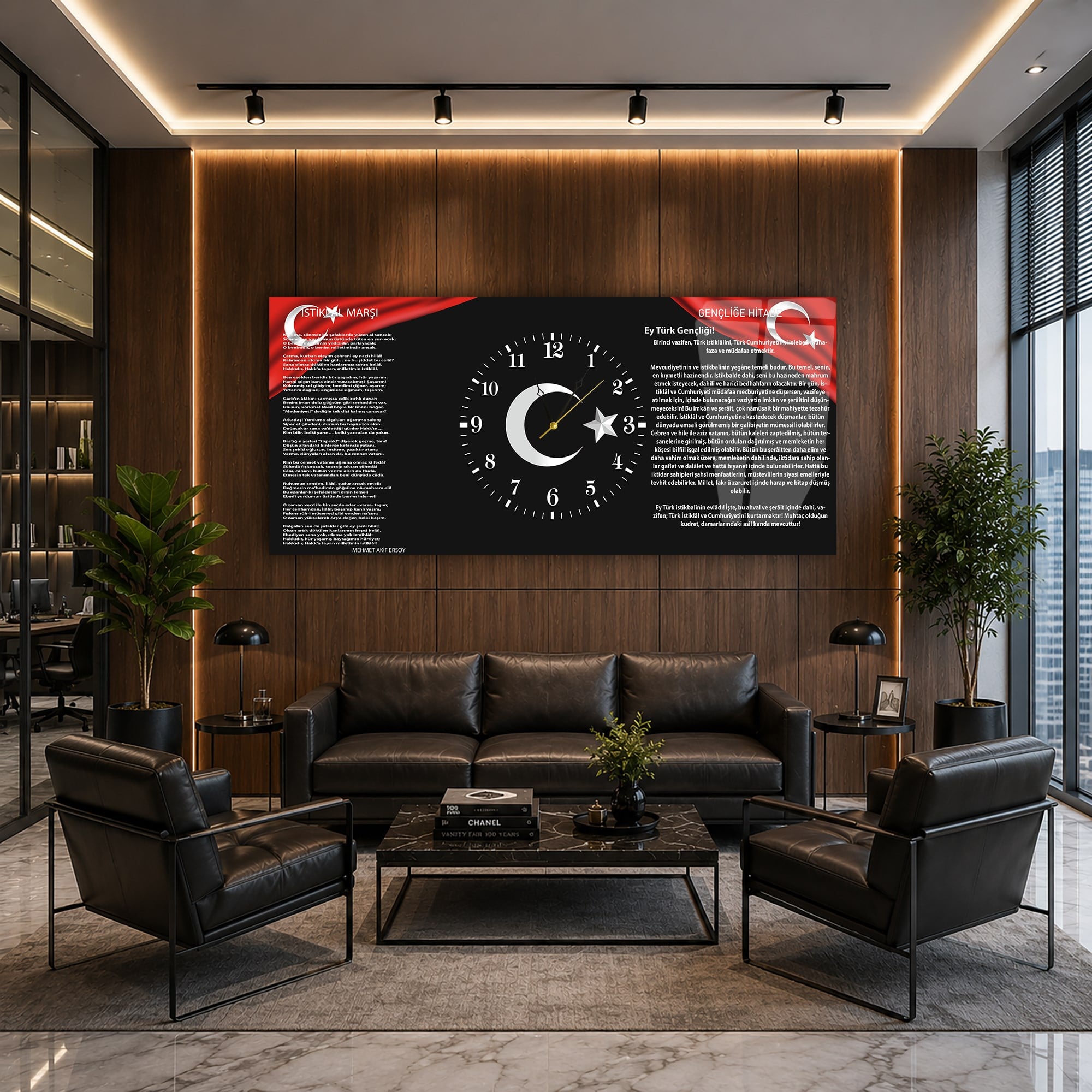 Yatay Ortadan Saatli  Vatan Temalı Cam Tablo 005
