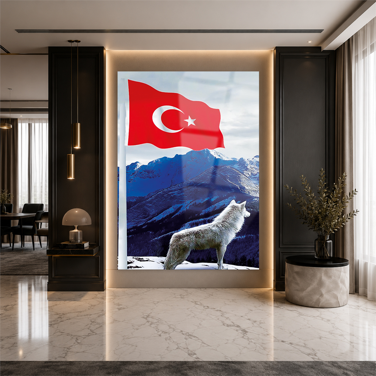 TÜRK BAYRAĞI VE KURT GÖRSELLİ CAM TABLO 