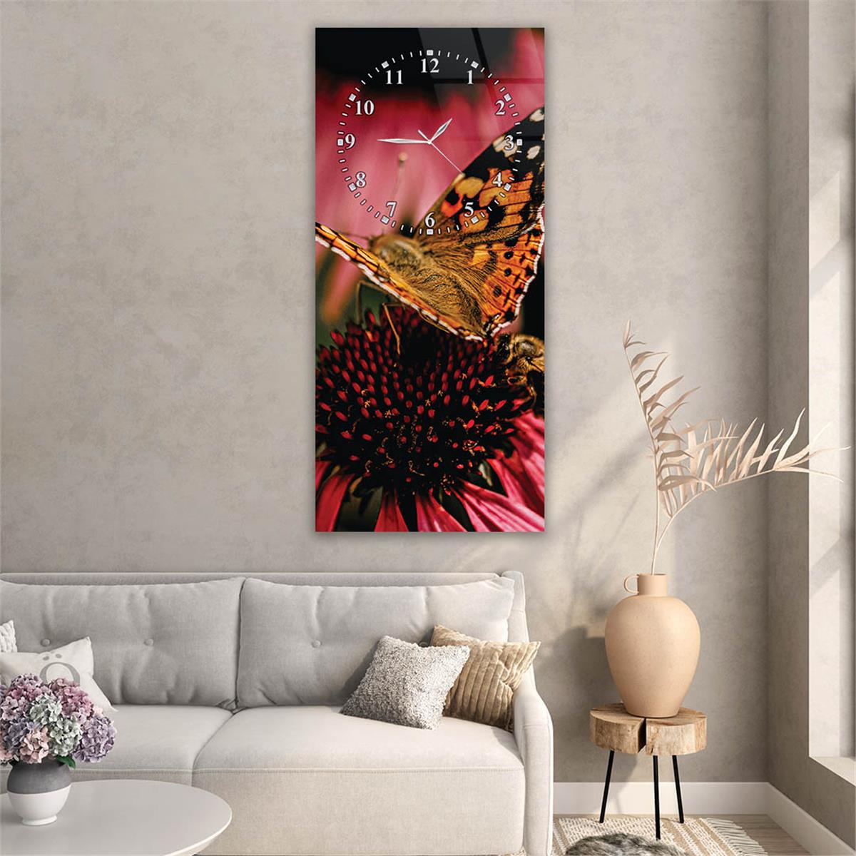 Tableau en verre à thème art et nature vertical avec horloge en haut 067