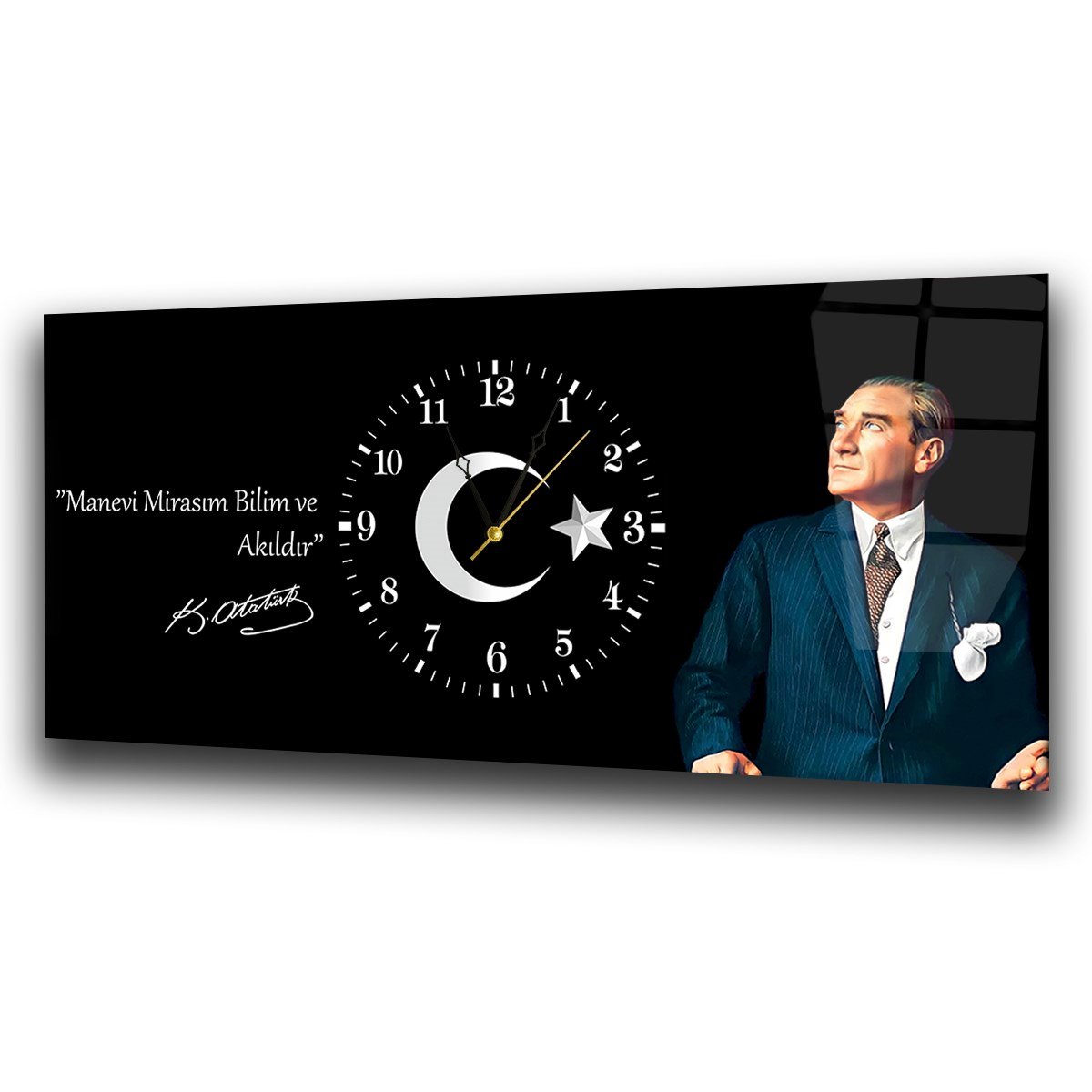 Yatay Ortadan Saatli  Vatan Temalı Cam Tablo 020