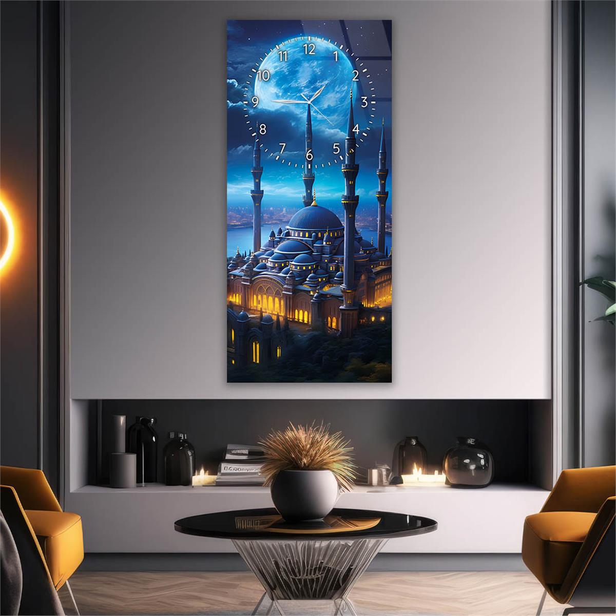 Vertical Religious Themed Glass Wall Art with Clock at the Top  021