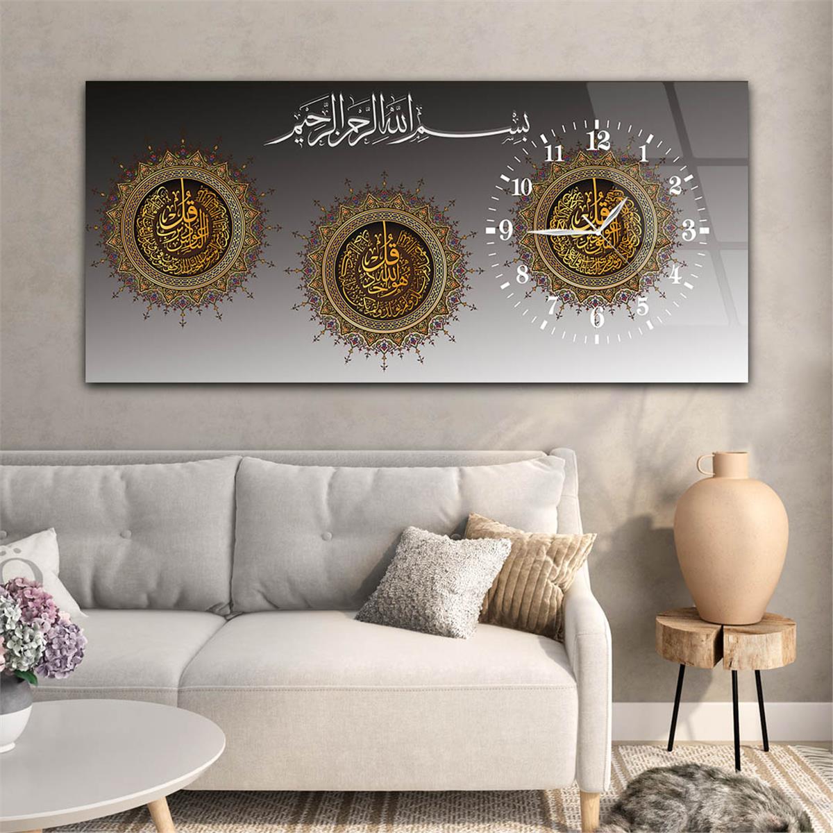 Tableau en verre à thème religieux avec horloge latérale horizontale  055