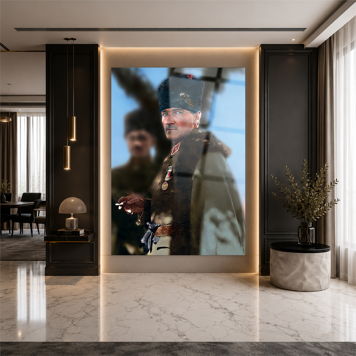 Gazi Mustafa Kemal Atatürk Askeri Portre Cam Tablo