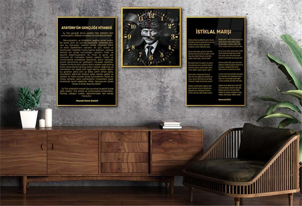 Atatürk and Independence March Glass Wall Art Set with Clock