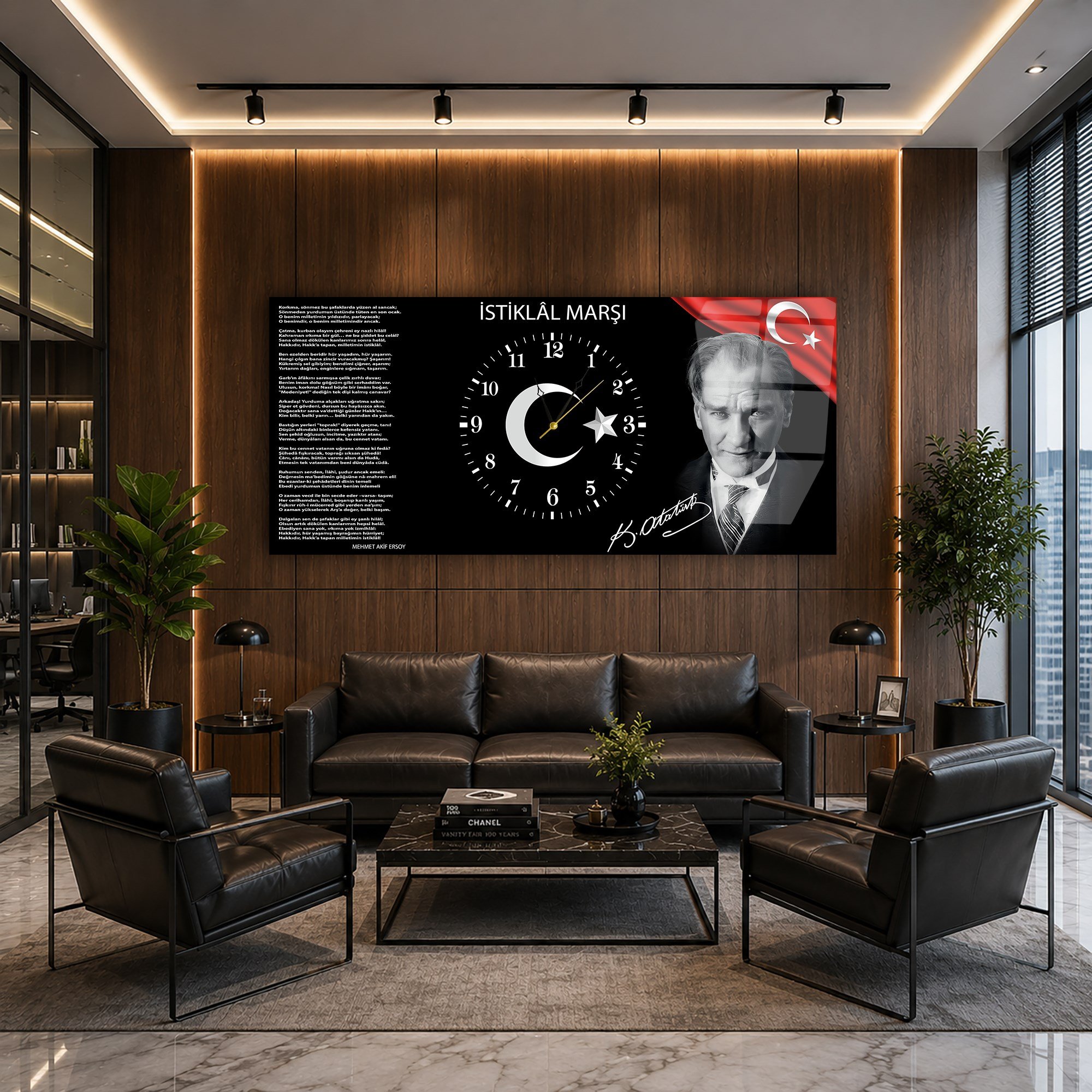 Yatay Ortadan Saatli  Vatan Temalı Cam Tablo 014