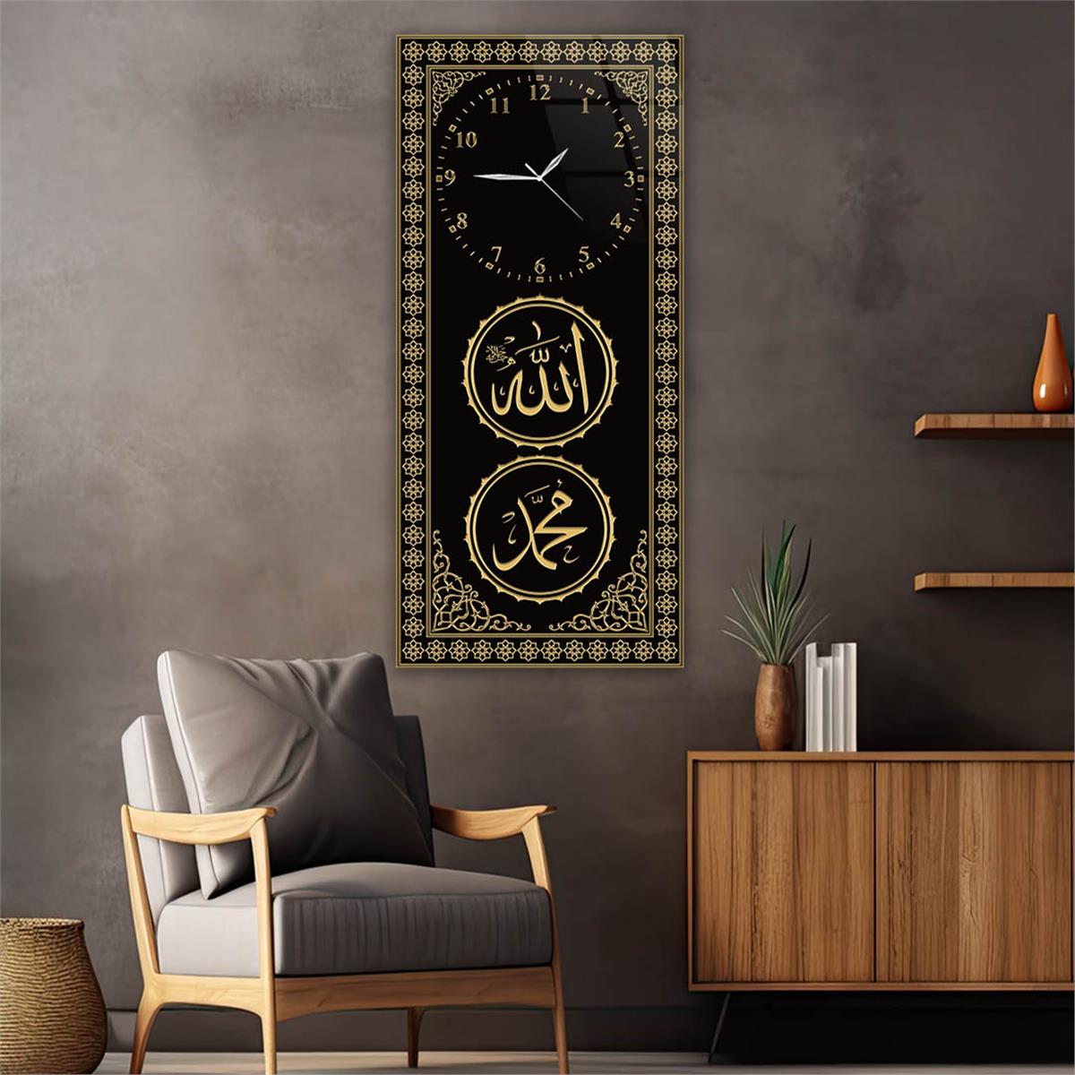 Vertical Religious Themed Glass Wall Art with Clock at the Top  045
