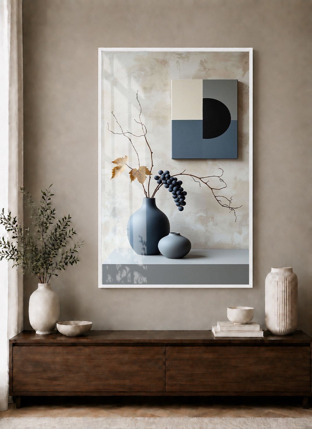 Geometrik Detaylı Siyah Vazolar Alüminyum Çerçeveli Modern Cam Duvar Tablosu