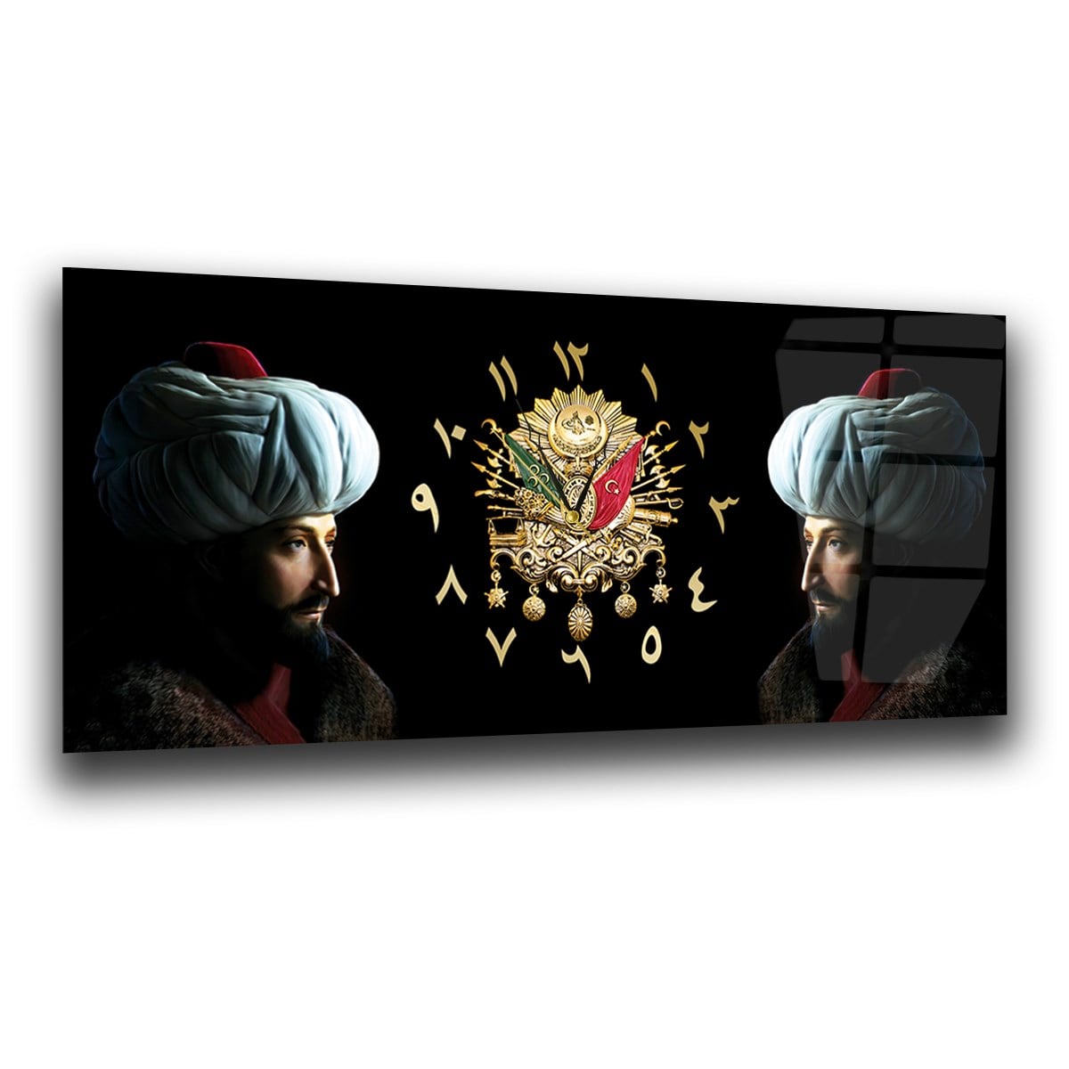 Fatih Sultan Mehmet ve Osmanlı Tuğralı Saatli Cam Tablo 078