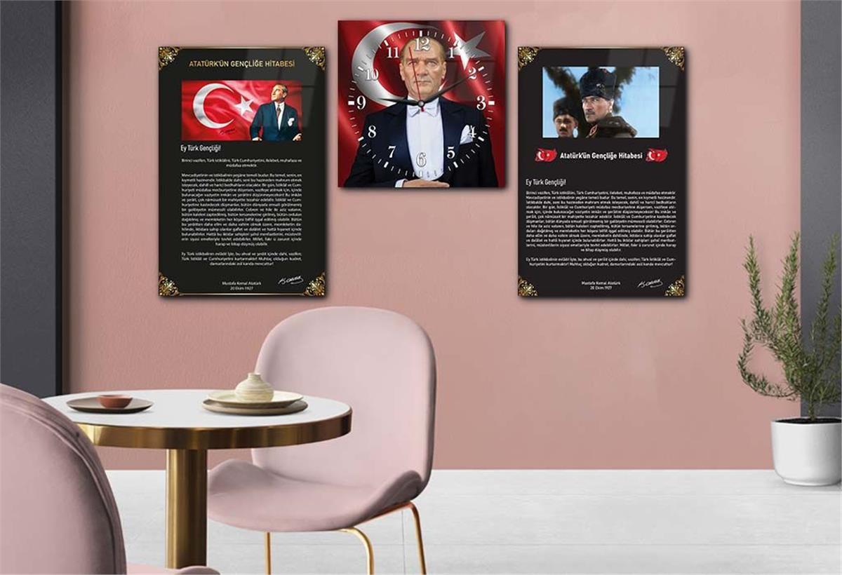 MUSTAFA KEMAL ATATÜRK GÖRSELLİ İSTİKLAL MARŞI VE GENÇLİĞE HİTABE YAZILI CAM TABLO SAAT SETİ 