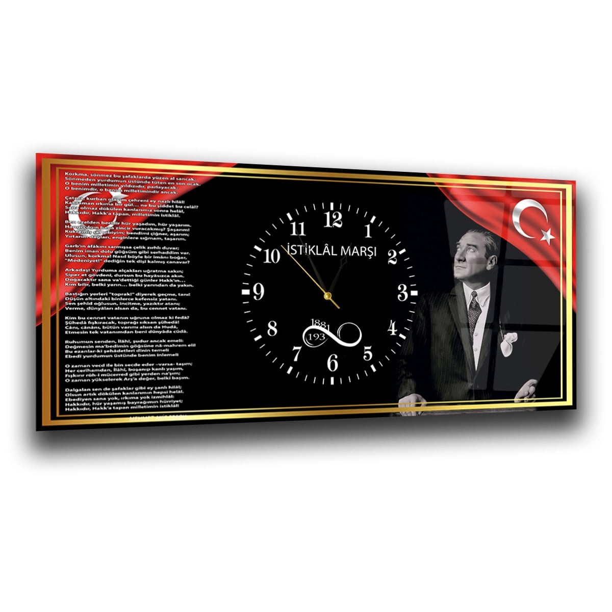 Gold Çerçeve Görselli İstiklal Marşı ve Atatürk Yatay Ortadan Saatli  Vatan Temalı Cam Tablo 044