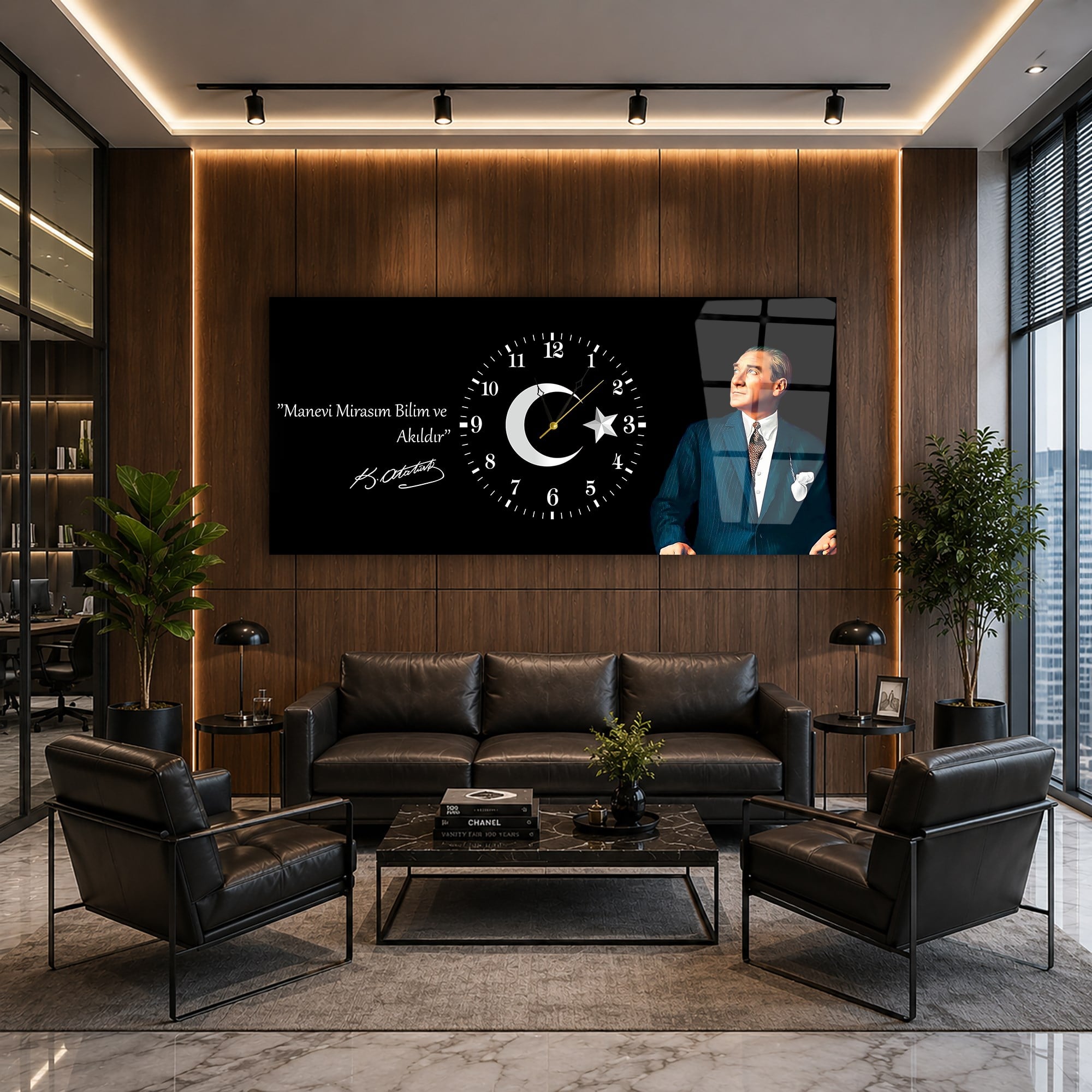 Yatay Ortadan Saatli  Vatan Temalı Cam Tablo 020