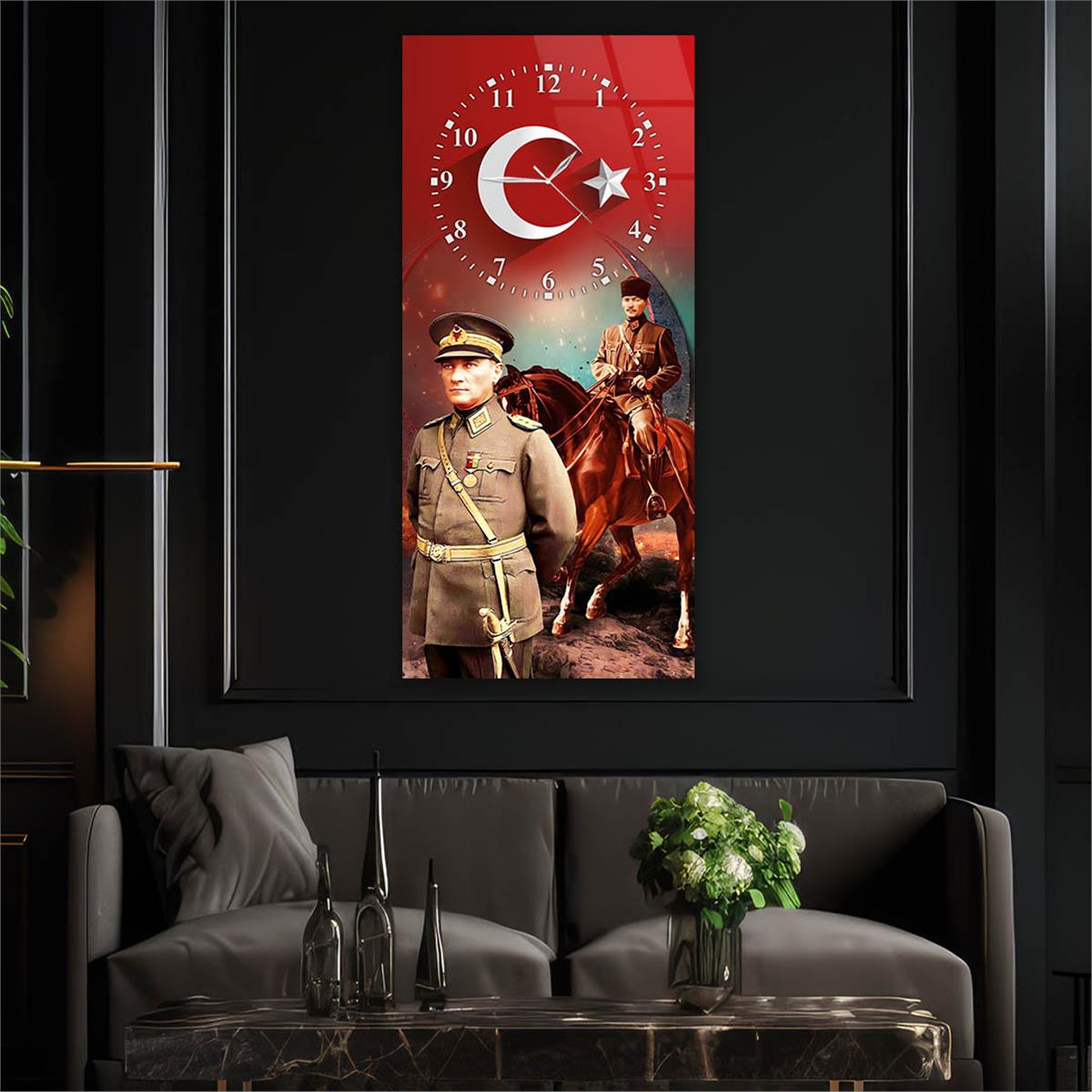 Vertical National Themed Glass Wall Art with Clock at the Top 022