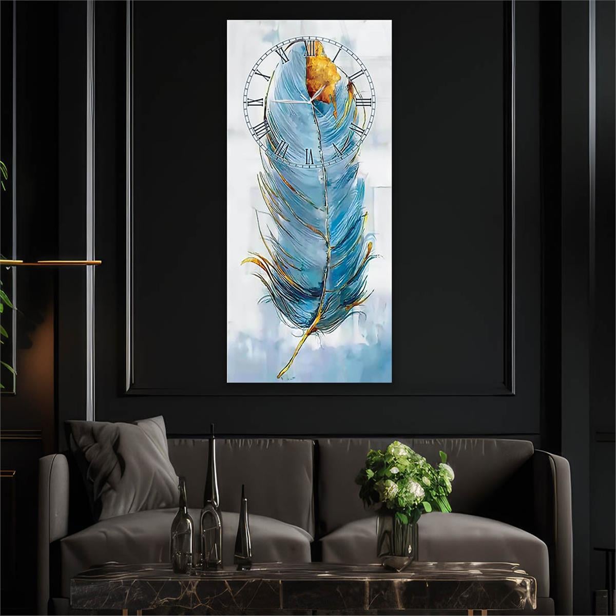 Tableau en verre à thème art et nature vertical avec horloge en haut 073