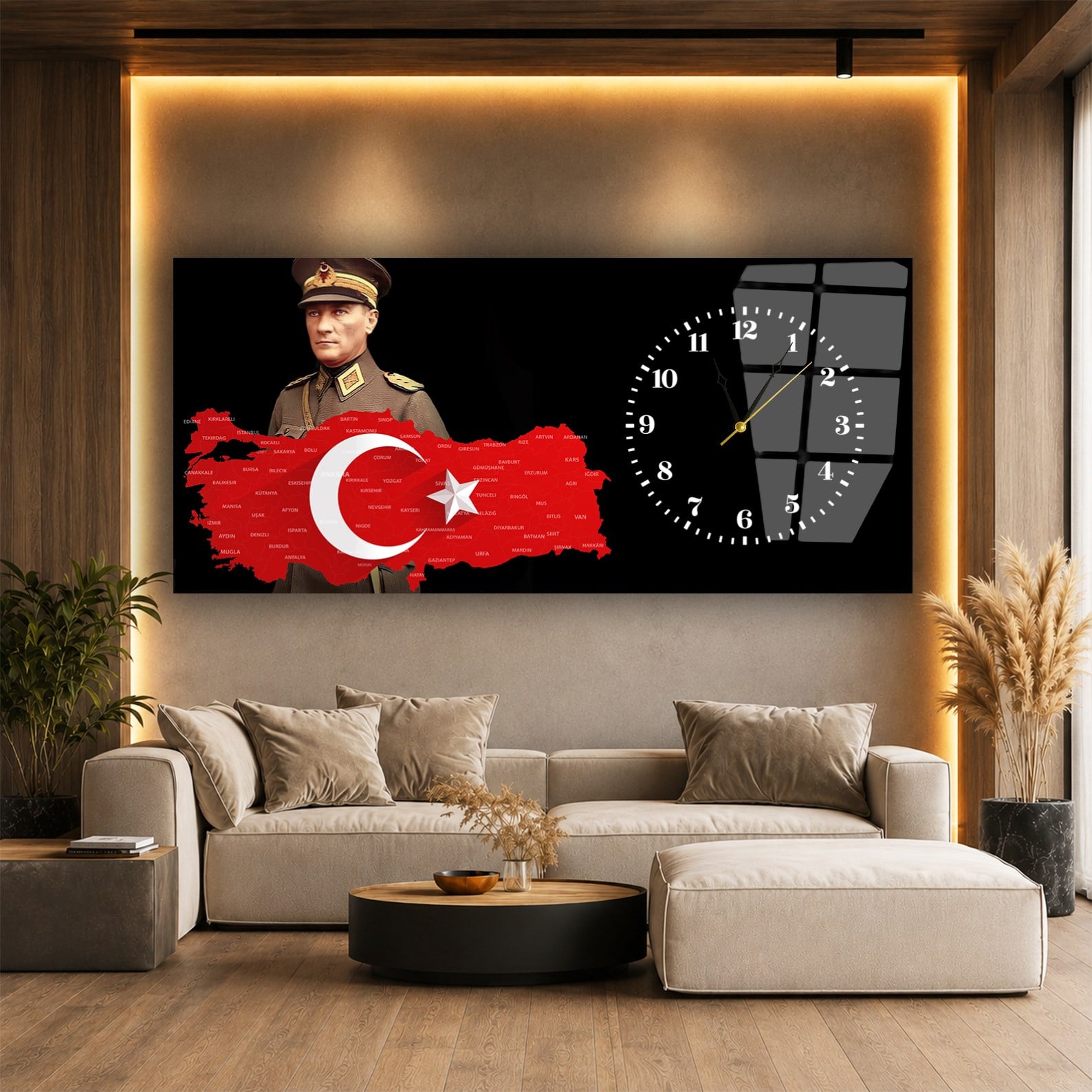 Yatay Saatli Yandan Vatan Temalı Cam Tablo 031