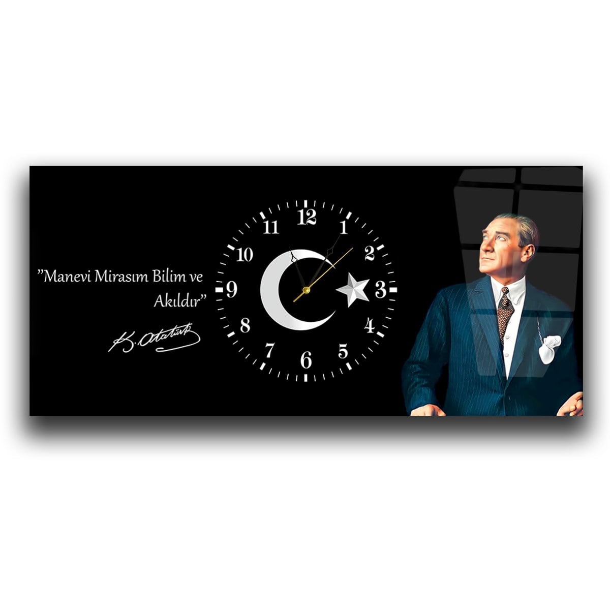Yatay Ortadan Saatli  Vatan Temalı Cam Tablo 020