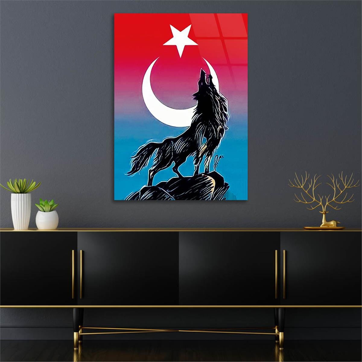 Turkish Flag and Wolf Tempered Glass Wall Art 