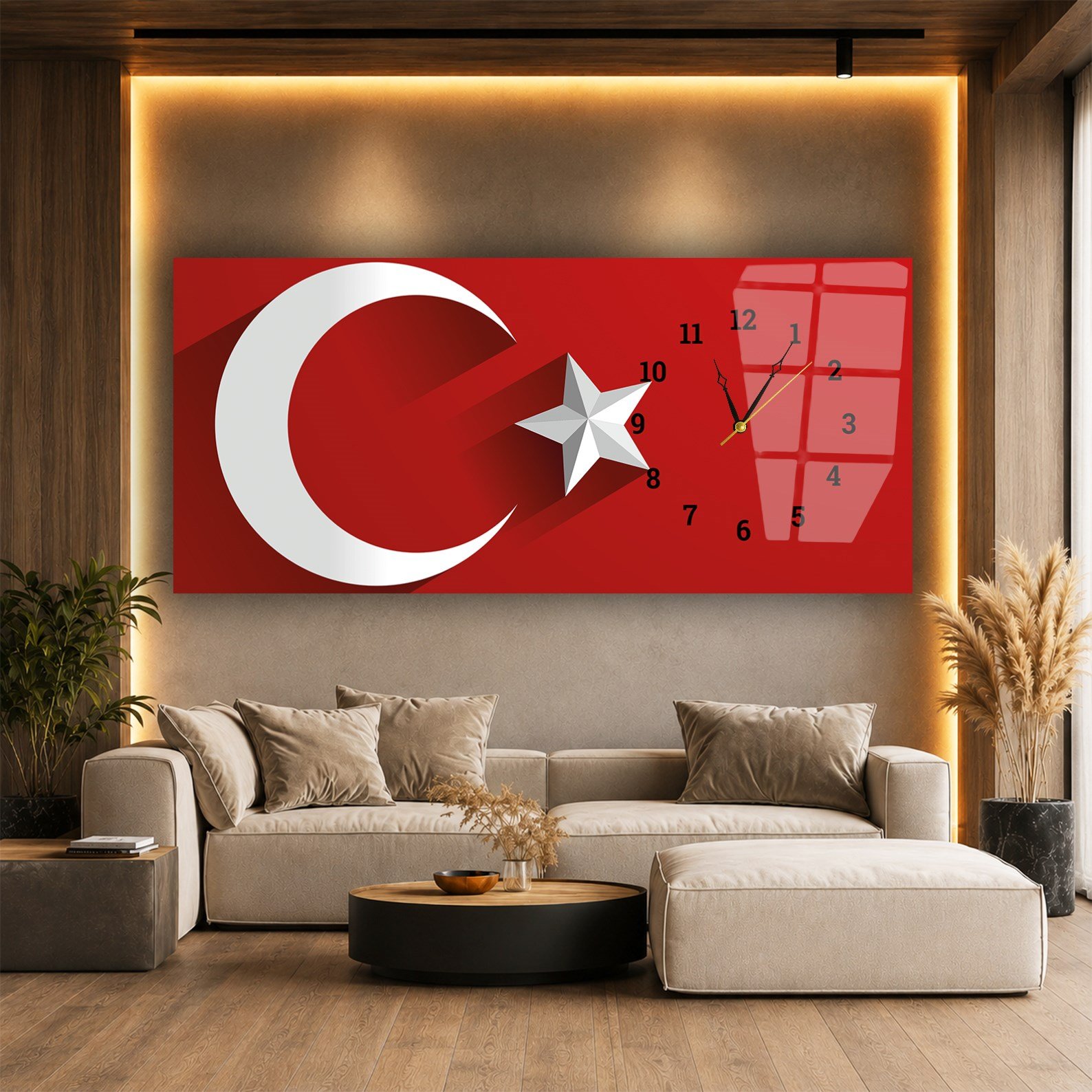 Horizontal bedrucktes Glas mit Nationenthema und einer Uhr an der Seite 006