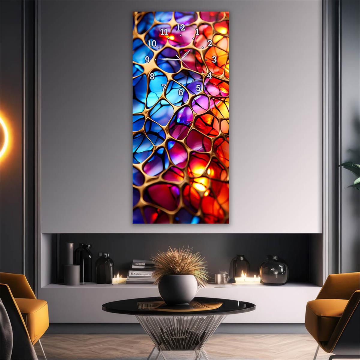 Vertical Art Themed Glass Wall Art with Clock at the Top 047