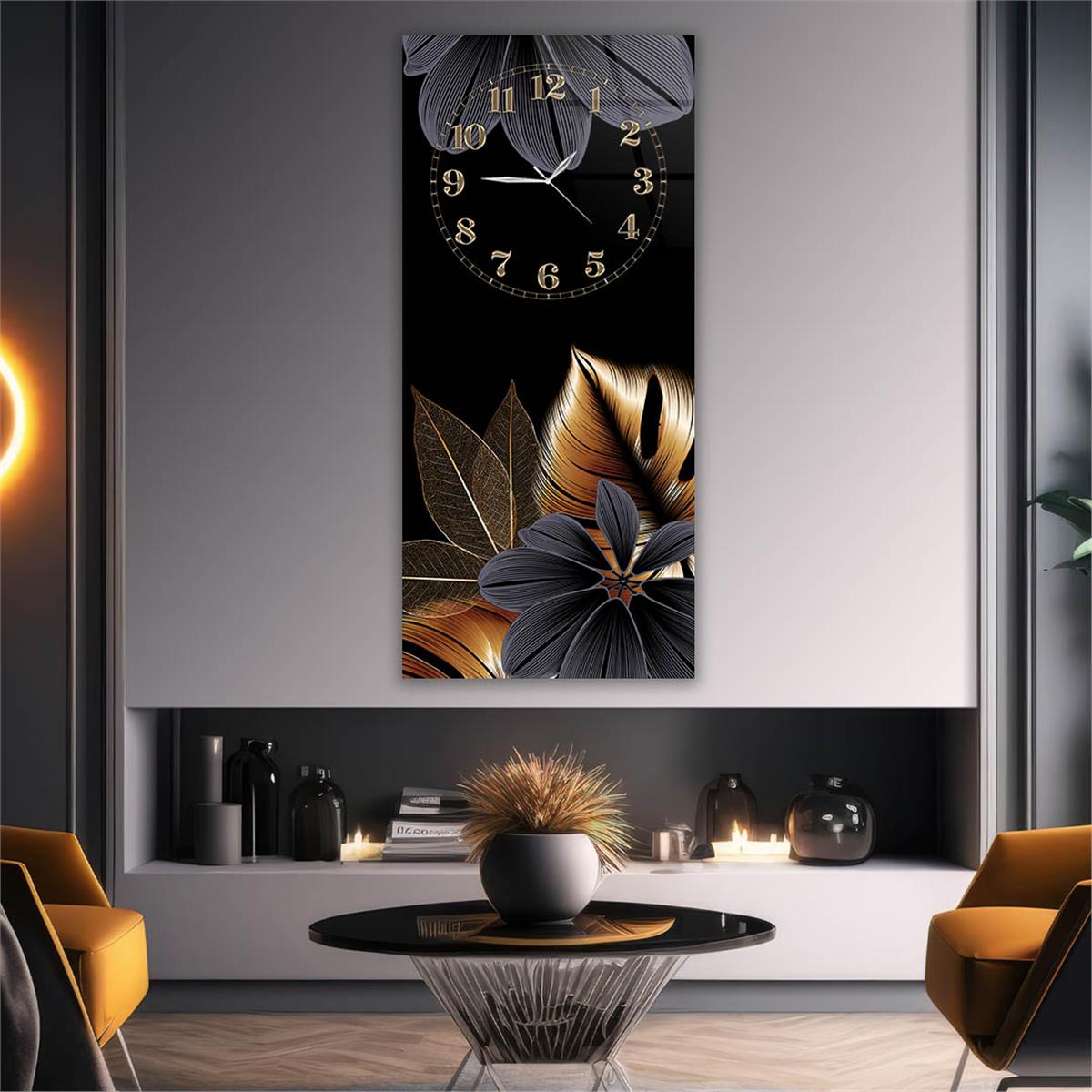 Tableau en verre à thème art et nature vertical avec horloge en haut 081