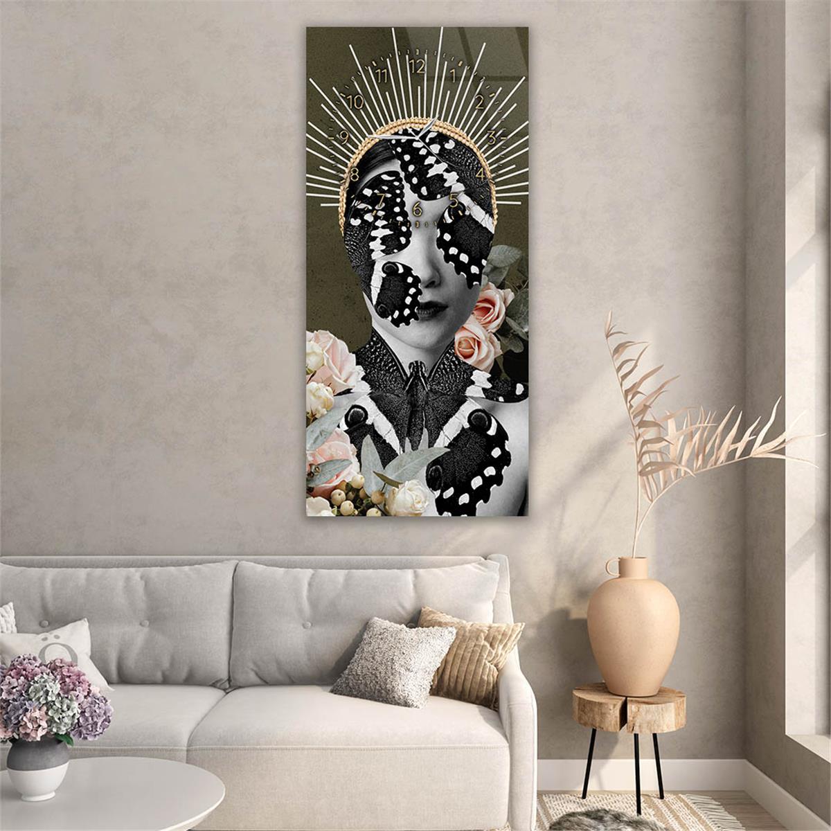 Vertical Art Themed Glass Wall Art with Clock at the Top 007