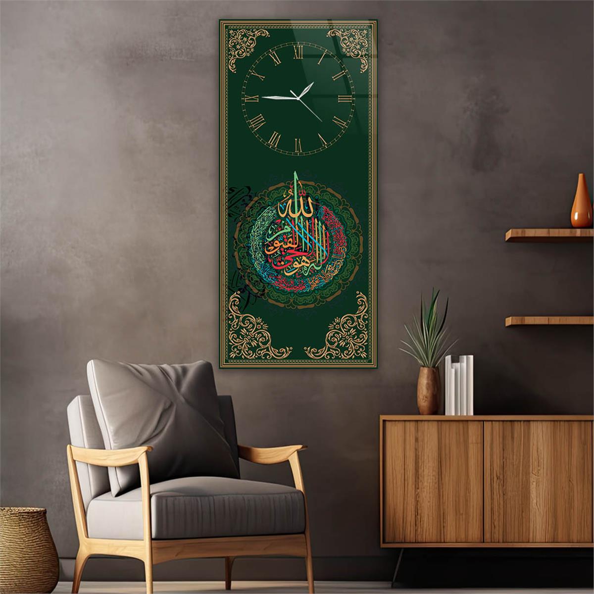 Vertical Religious Themed Glass Wall Art with Clock at the Top  033