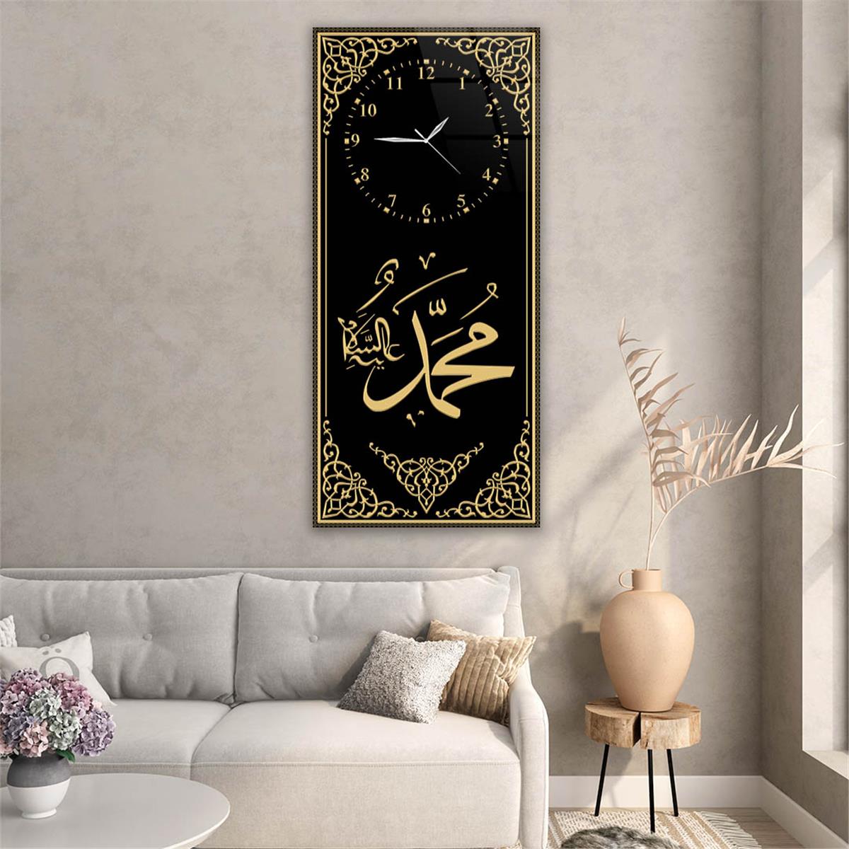 Vertical Religious Themed Glass Wall Art with Clock at the Top  014