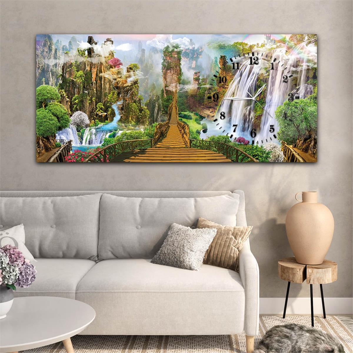 Yatay Saatli Yandan Sanat ve Doğa Temalı Cam Tablo 011