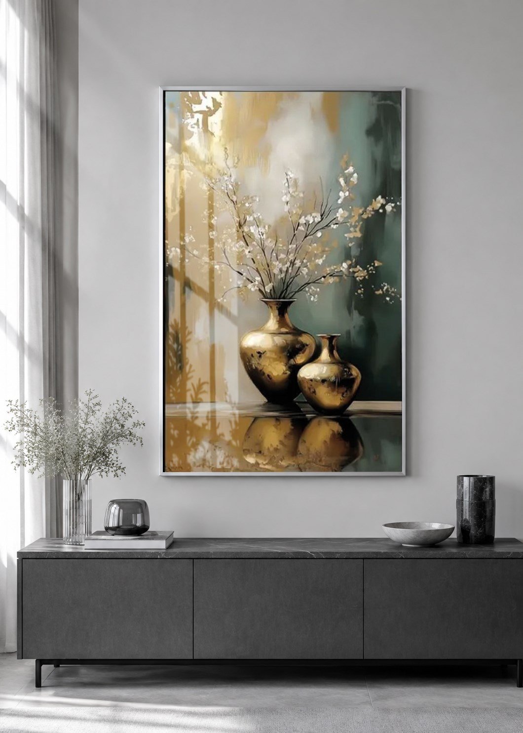 Lüks Gold Vazolar Alüminyum Çerçeveli Modern Cam Duvar Tablosu