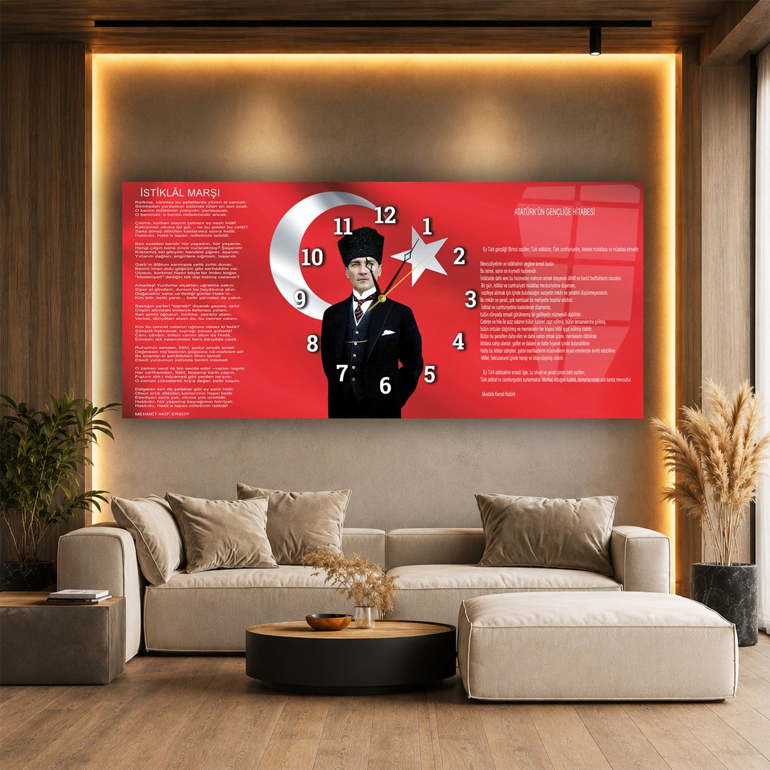 Yatay Saatli Ortadan Vatan Temalı Cam Tablo 096