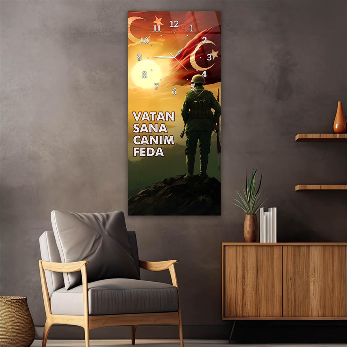 Vertical National Themed Glass Wall Art with Clock at the Top 048