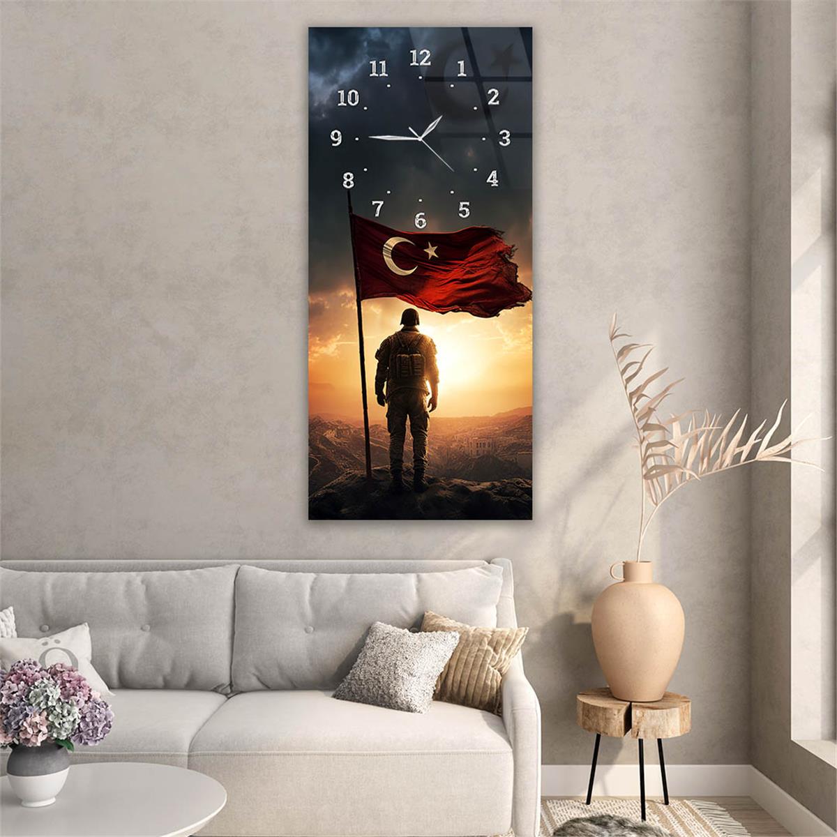 Vertical National Themed Glass Wall Art with Clock at the Top 047