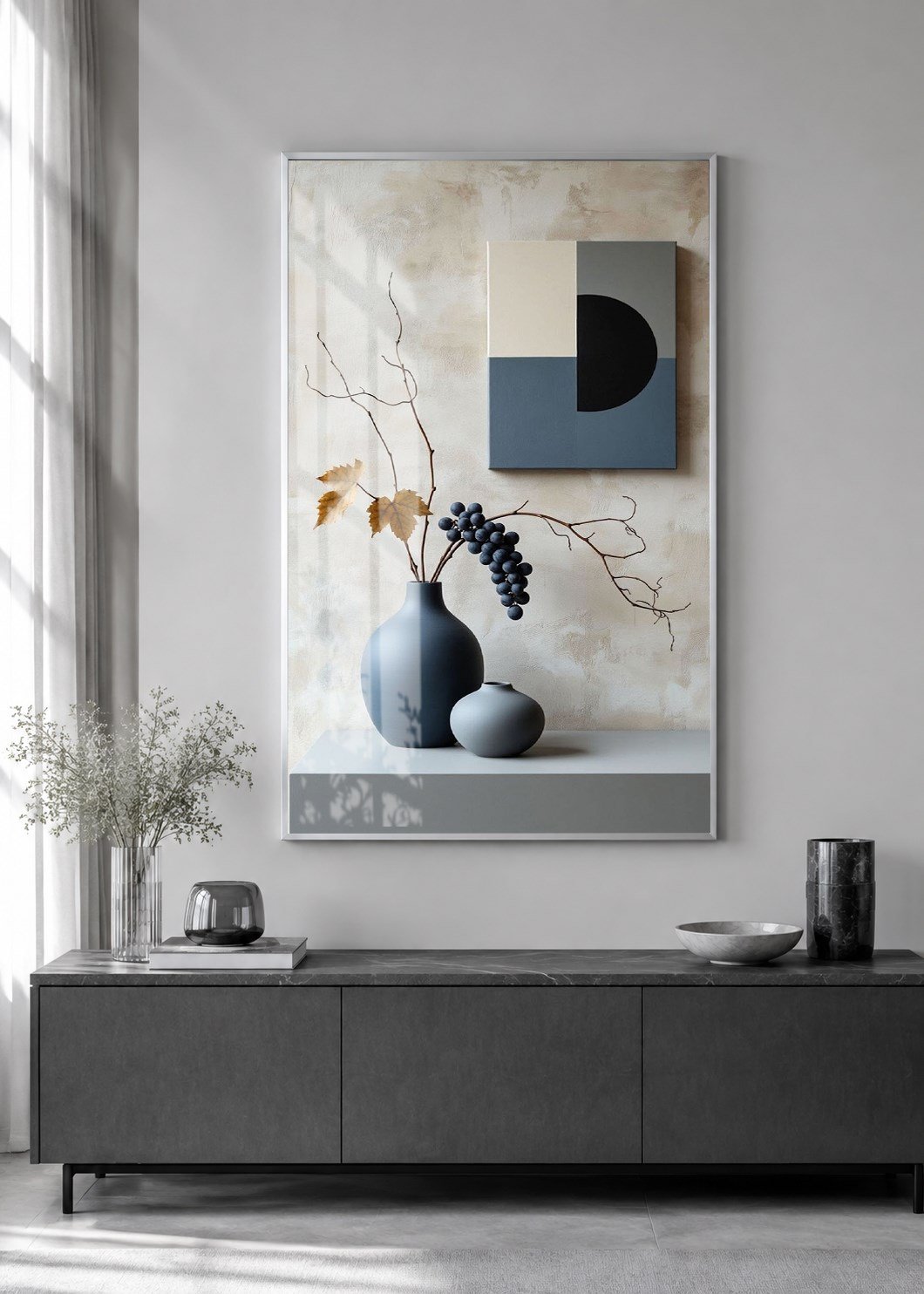 Geometrik Detaylı Siyah Vazolar Alüminyum Çerçeveli Modern Cam Duvar Tablosu