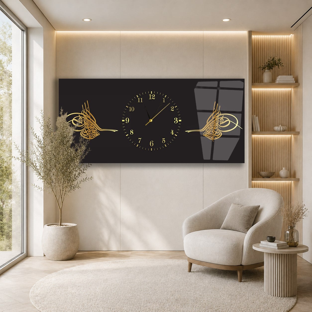 Tableau en verre à thème religieux avec horloge centrale horizontale  107